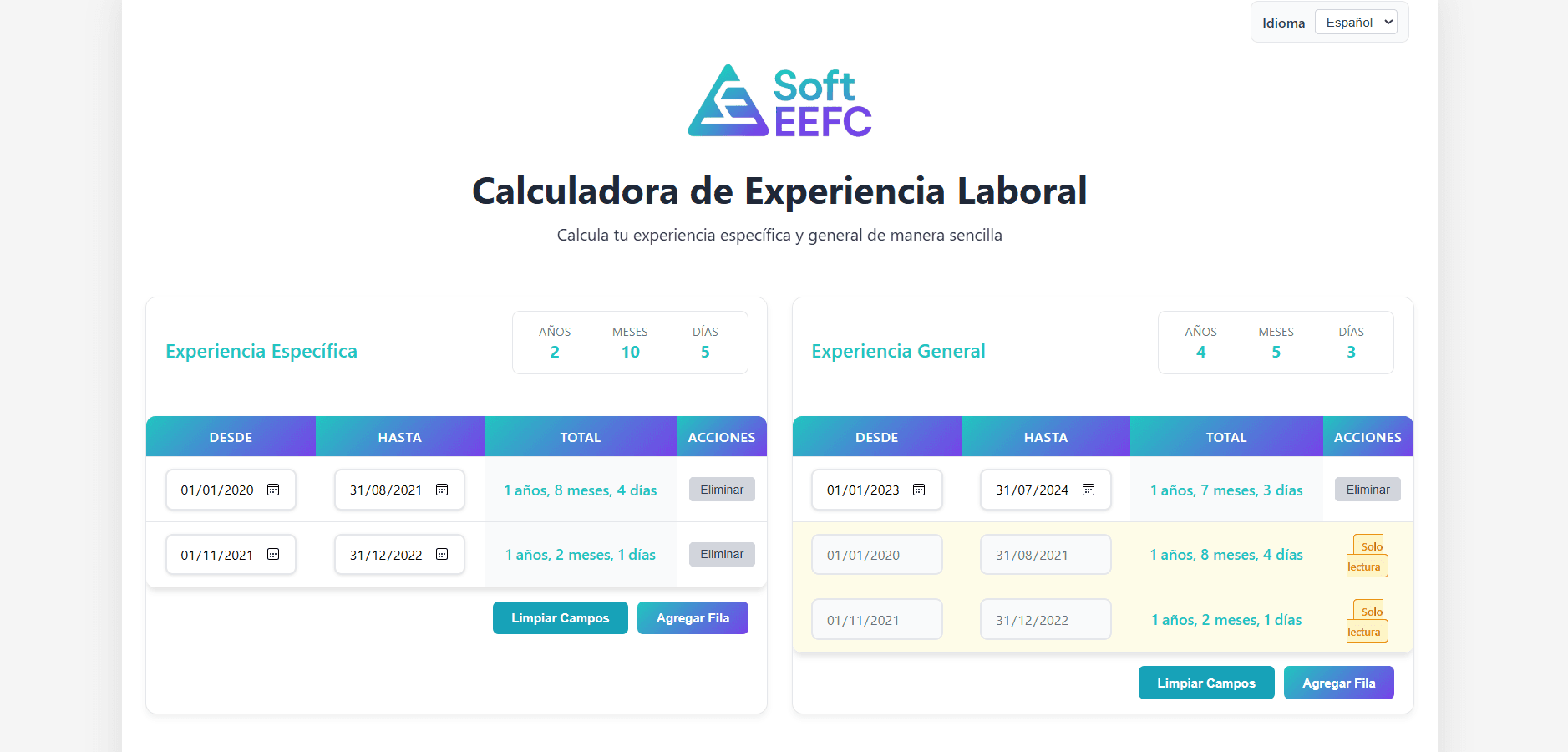 Calculador de Experiencia Profesional